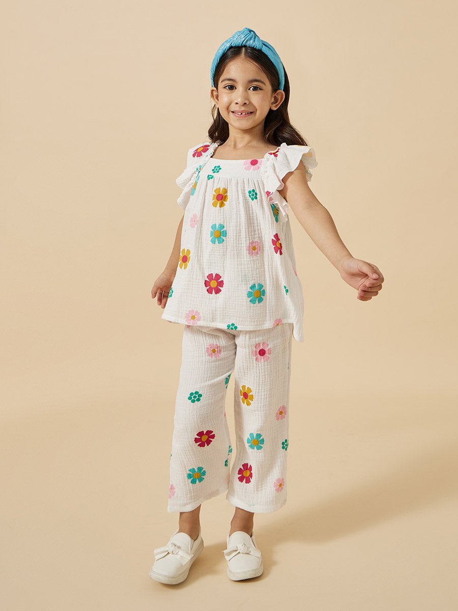 Floral Print Frill Sleeve Top and Pants Set