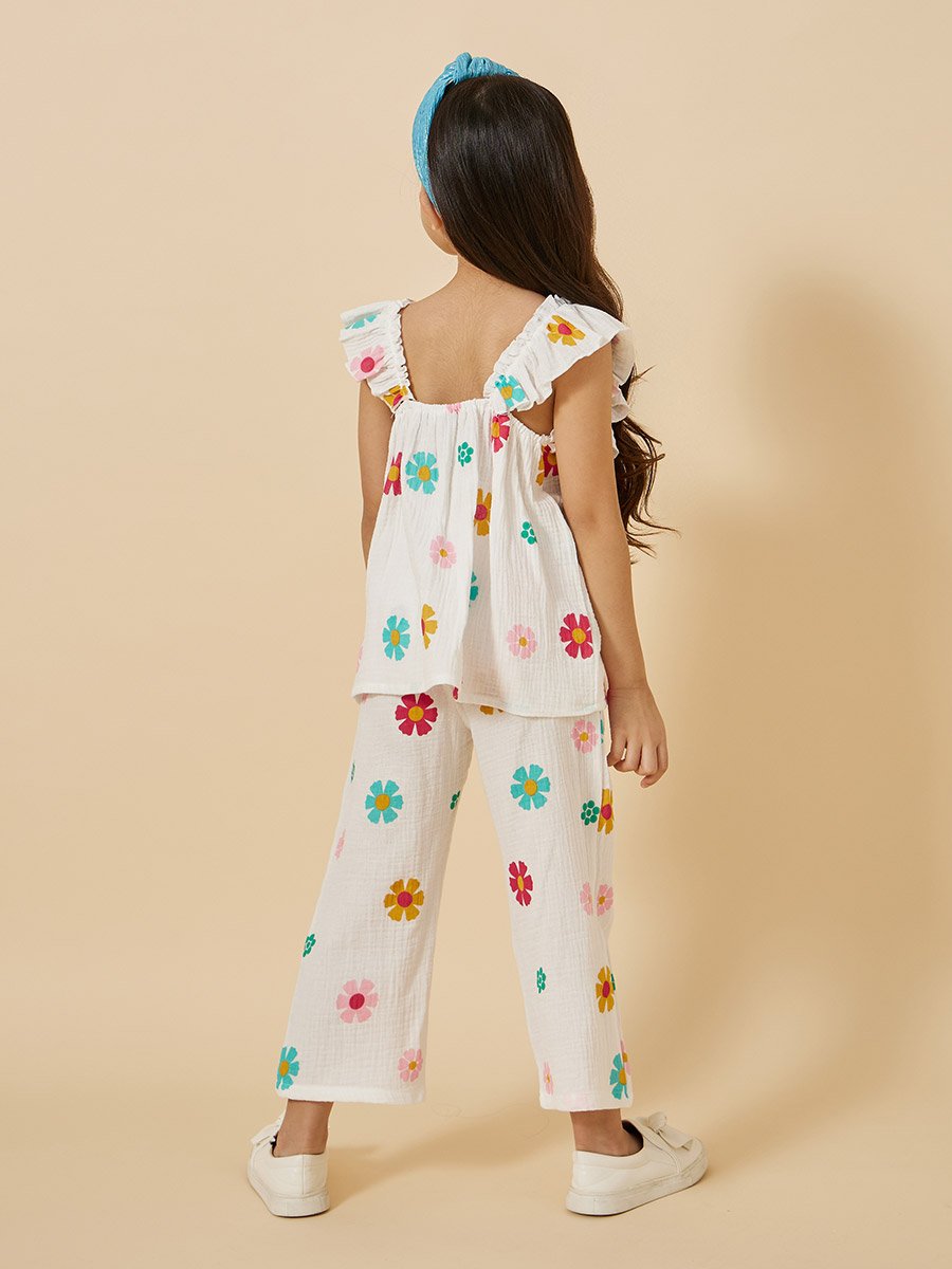 Floral Print Frill Sleeve Top and Pants Set