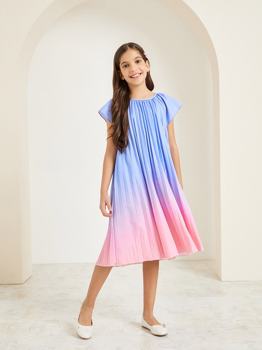 Girls Pastel Ombre Pleated A-Line Midi Dress For Kids at UAE | Styli