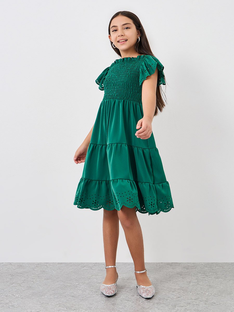 Laser Cut Detail Smocked Tiered Dress