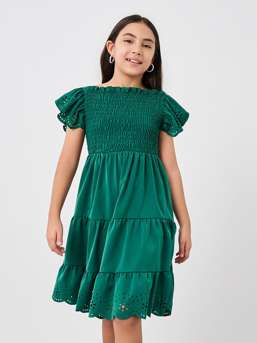 Laser Cut Detail Smocked Tiered Dress