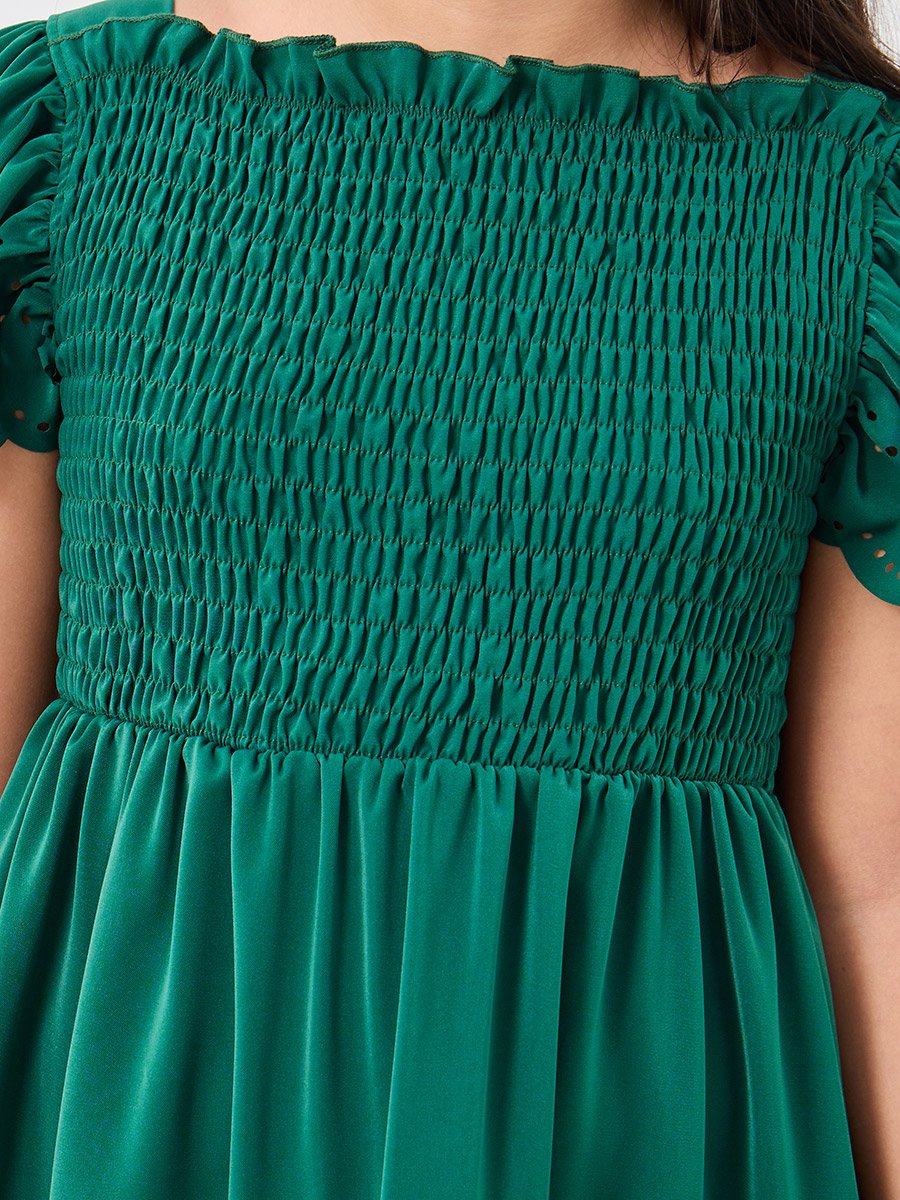 Laser Cut Detail Smocked Tiered Dress
