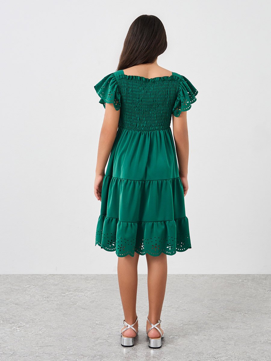 Laser Cut Detail Smocked Tiered Dress