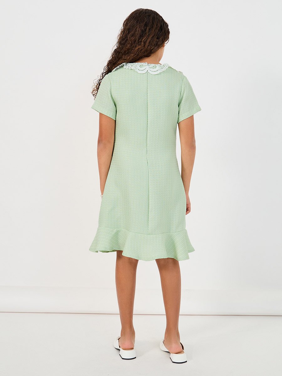 Tweed Peter Pan Lace Collar Ruffle Hem Dress