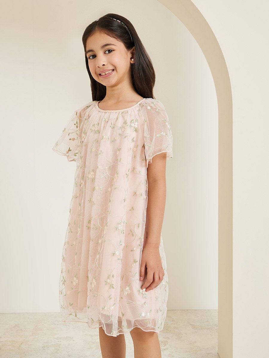 Girls Pink Mesh Floral Embroidered Dress For Kids at UAE