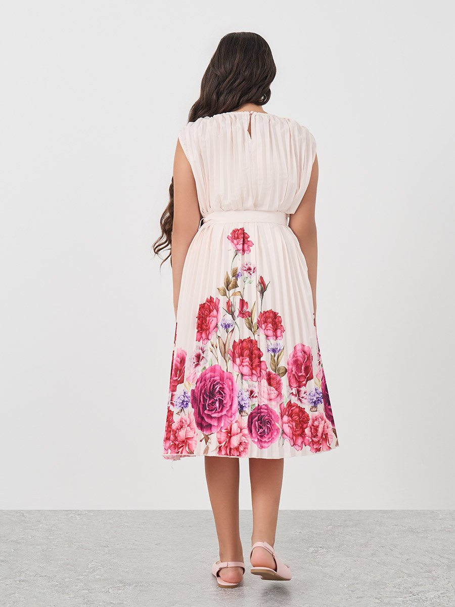 Girls Floral Placement Print Pleated Dress with Belted Waist For Kids at  Qatar | Styli