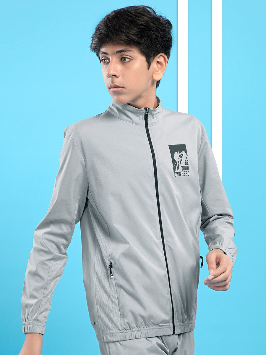 Graphic Print High Neck Jacket with Zipper Detail