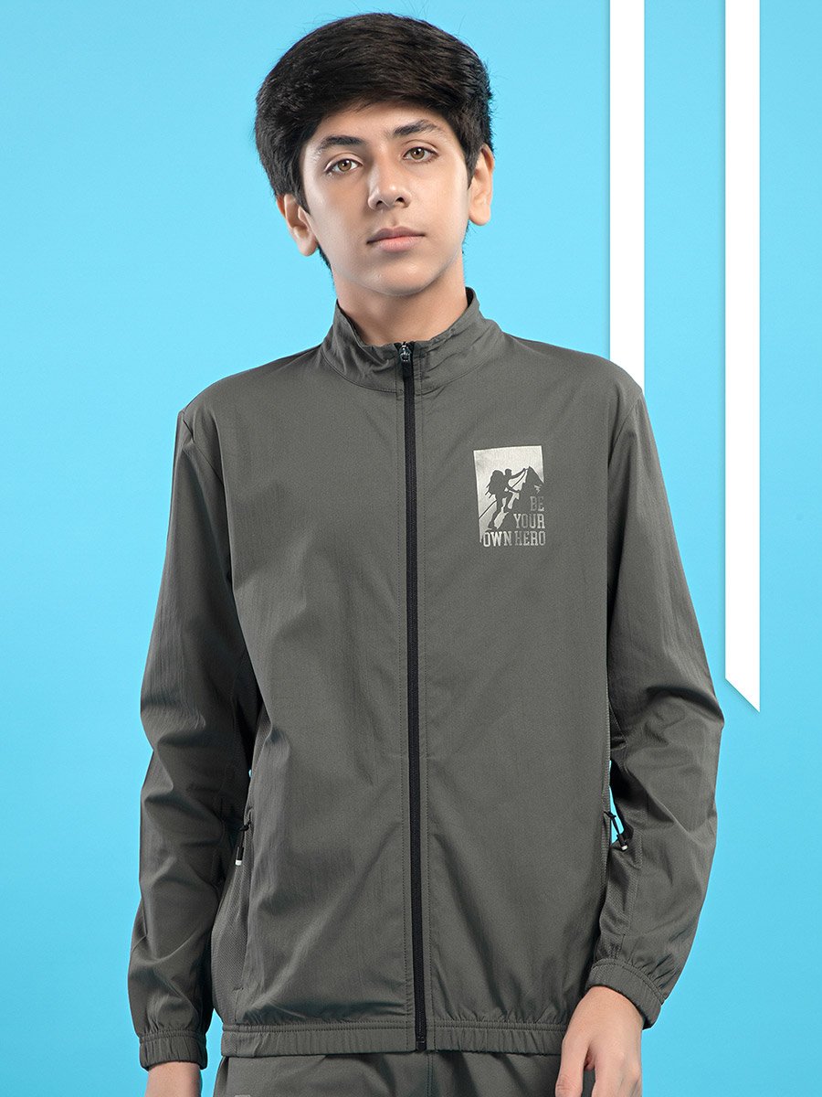 Graphic Print High Neck Jacket with Zipper Detail