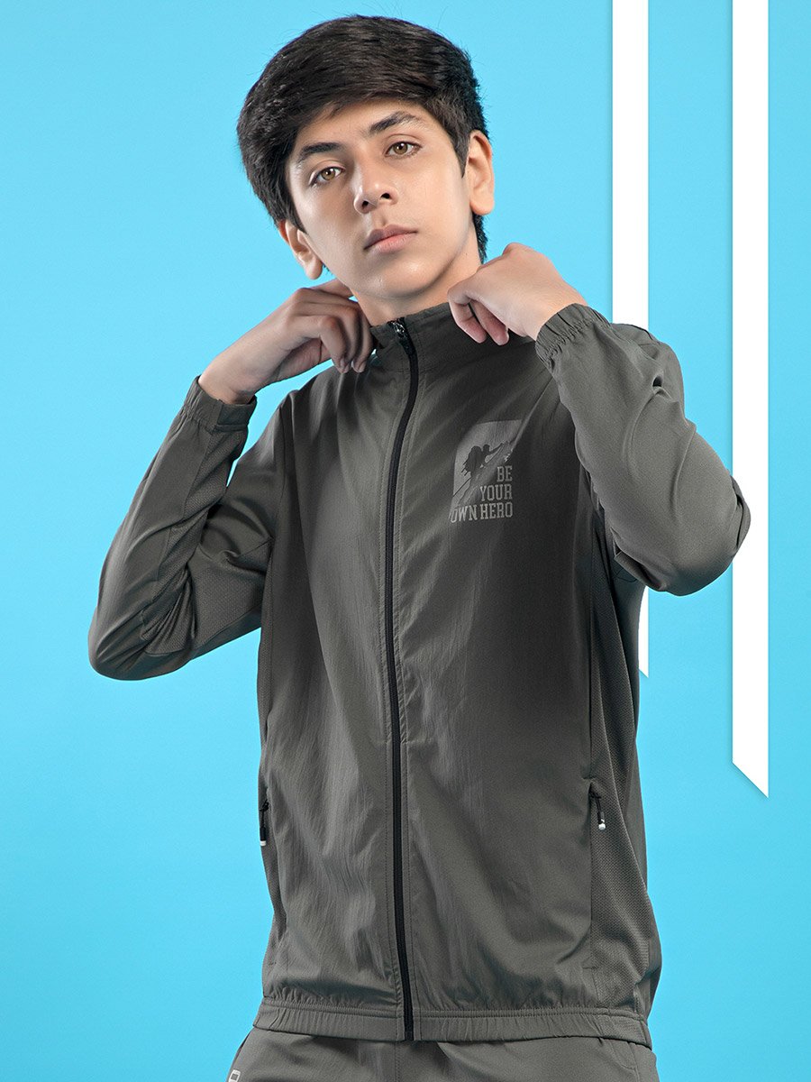 Graphic Print High Neck Jacket with Zipper Detail
