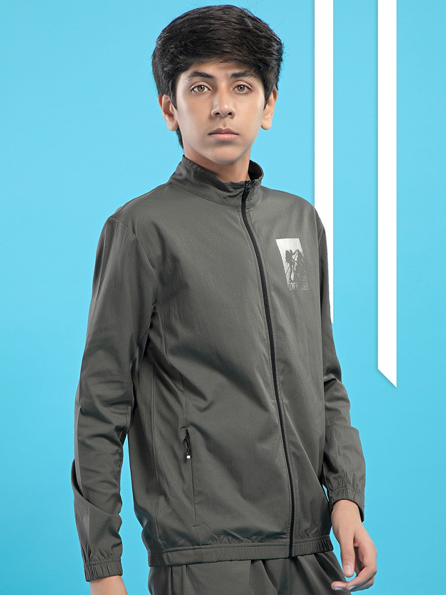 Graphic Print High Neck Jacket with Zipper Detail