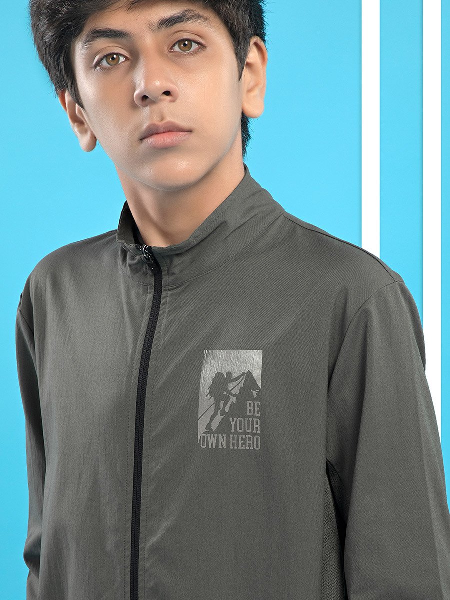 Graphic Print High Neck Jacket with Zipper Detail