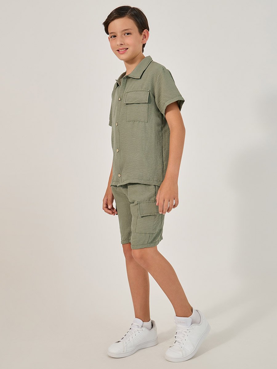 Solid Crinkled Shirt and Cargo Shorts Set