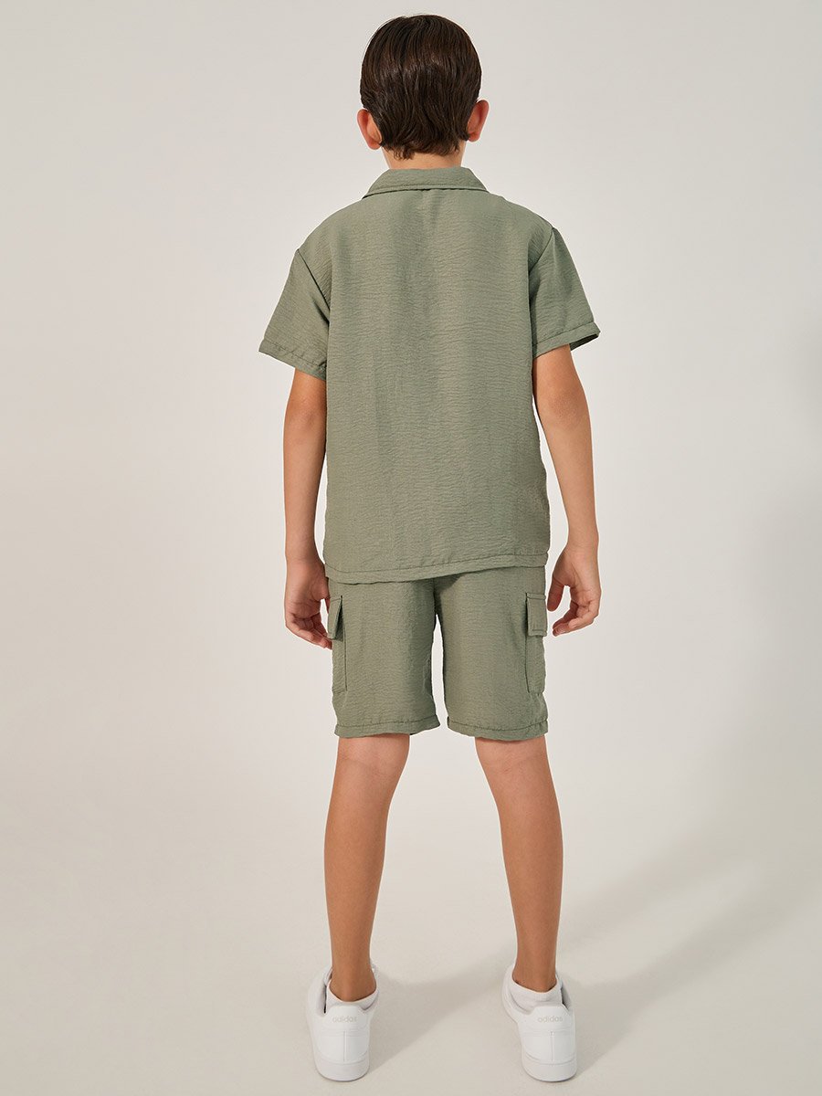 Solid Crinkled Shirt and Cargo Shorts Set