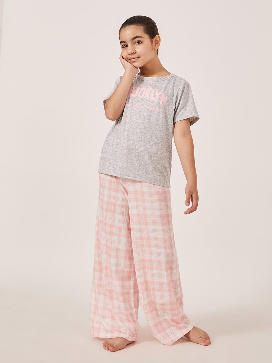 Typography Print Short Sleeve T-Shirt and Checked Pyjama Set
