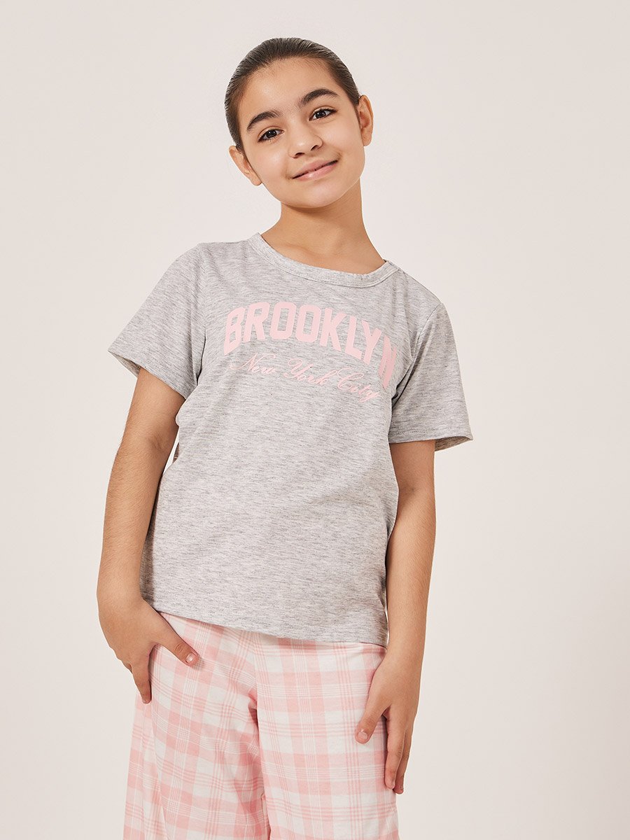 Typography Print Short Sleeve T-Shirt and Checked Pyjama Set