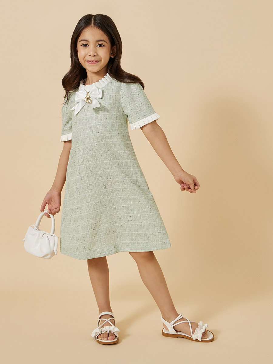 Tweed Ruffle Trim Dress with Bow Detail