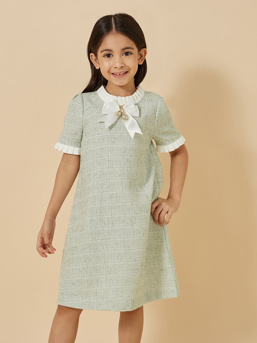 Tweed Ruffle Trim Dress with Bow Detail