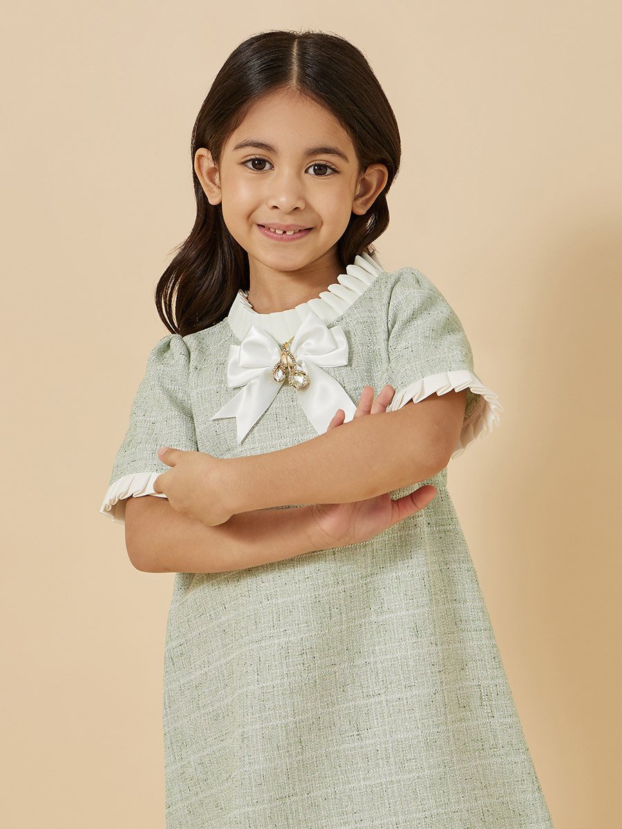 Tweed Ruffle Trim Dress with Bow Detail