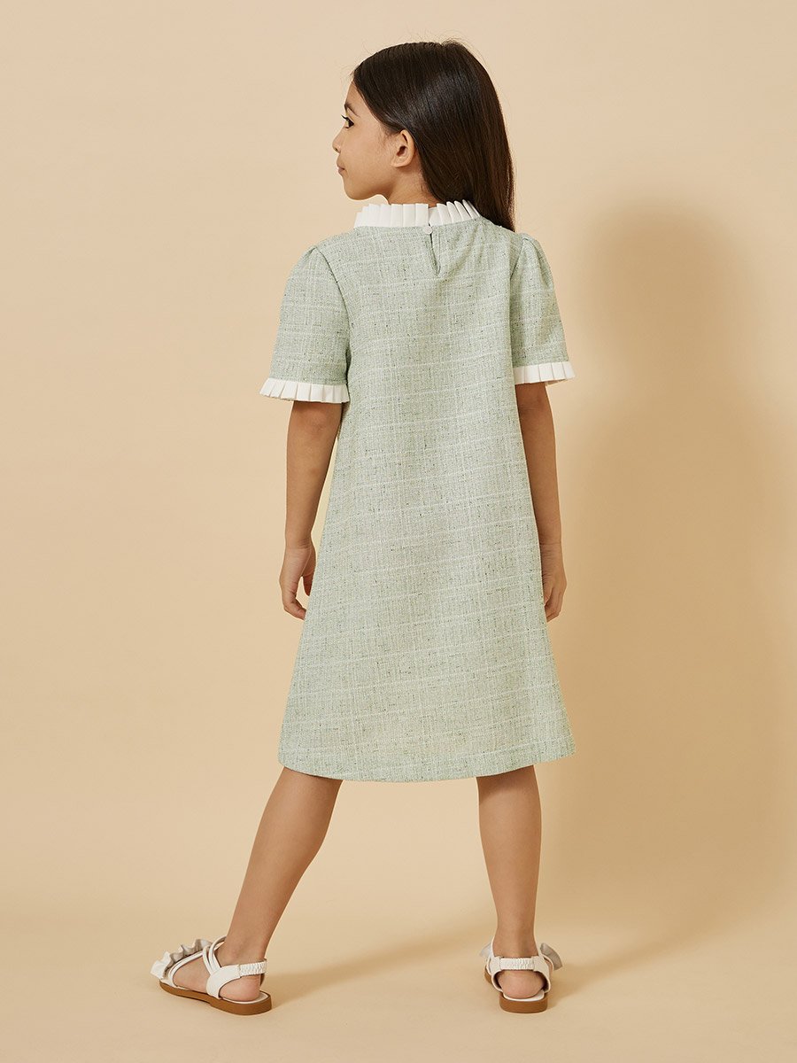 Tweed Ruffle Trim Dress with Bow Detail