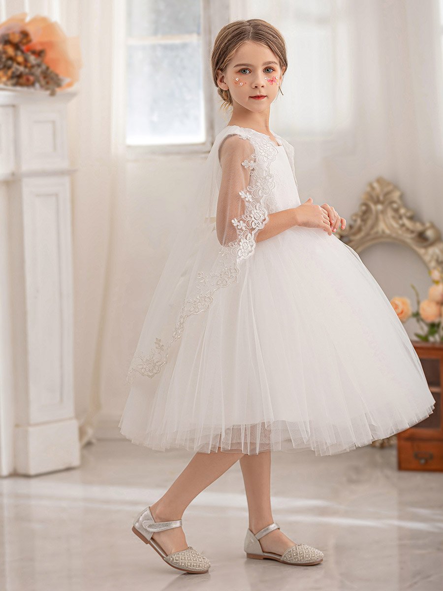 Lace Cape Sleeve Mesh Fit and Flare Dress For Kids at Saudi | Styli