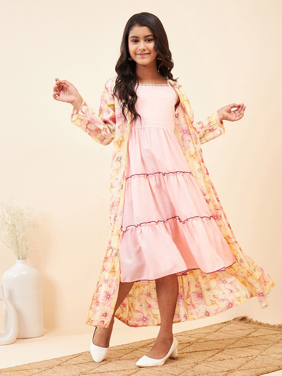 Solid Tiered Midi Dress with Floral Printed Shrug