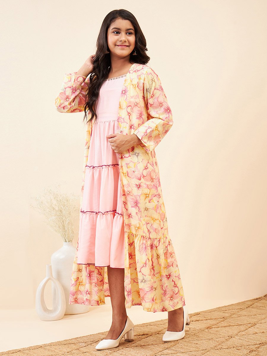 Solid Tiered Midi Dress with Floral Printed Shrug