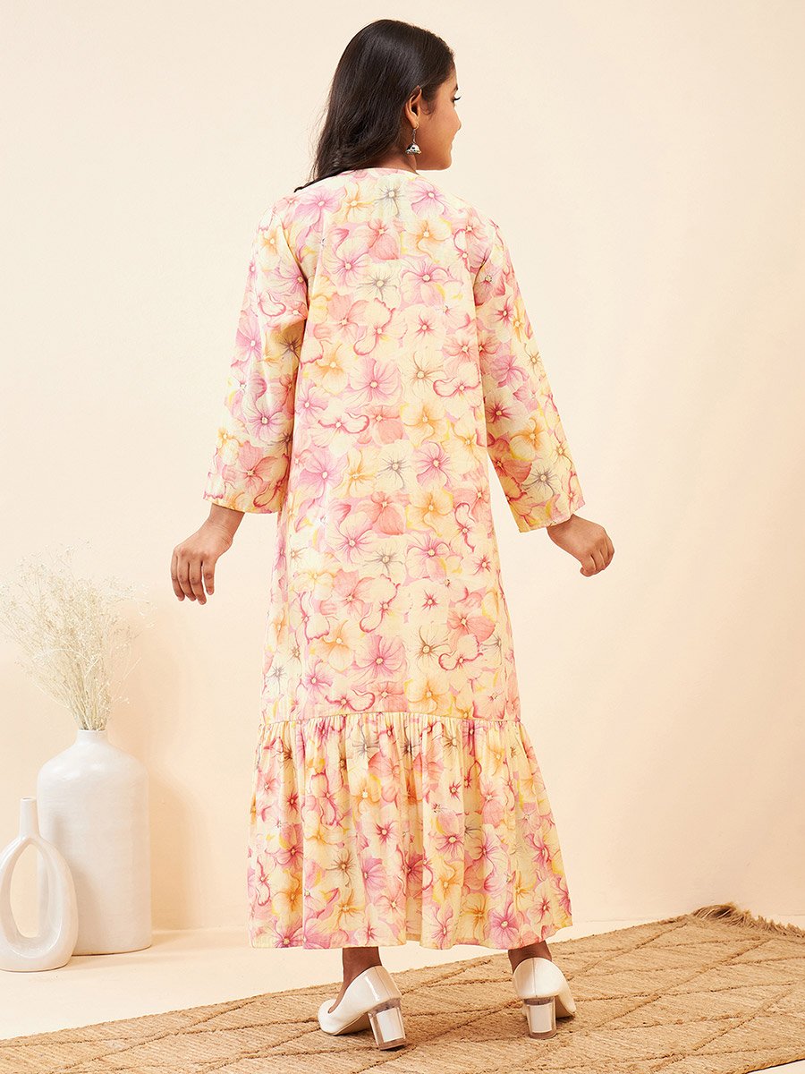 Solid Tiered Midi Dress with Floral Printed Shrug