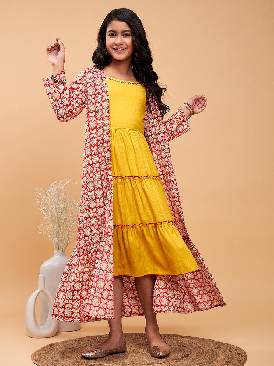 Solid Tiered Midi Dress with Floral Printed Shrug