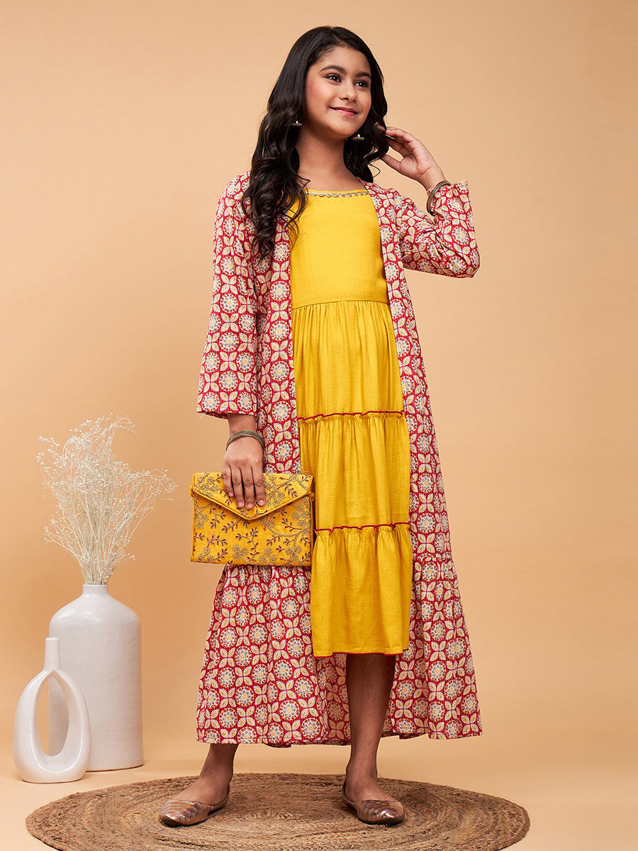 Solid Tiered Midi Dress with Floral Printed Shrug