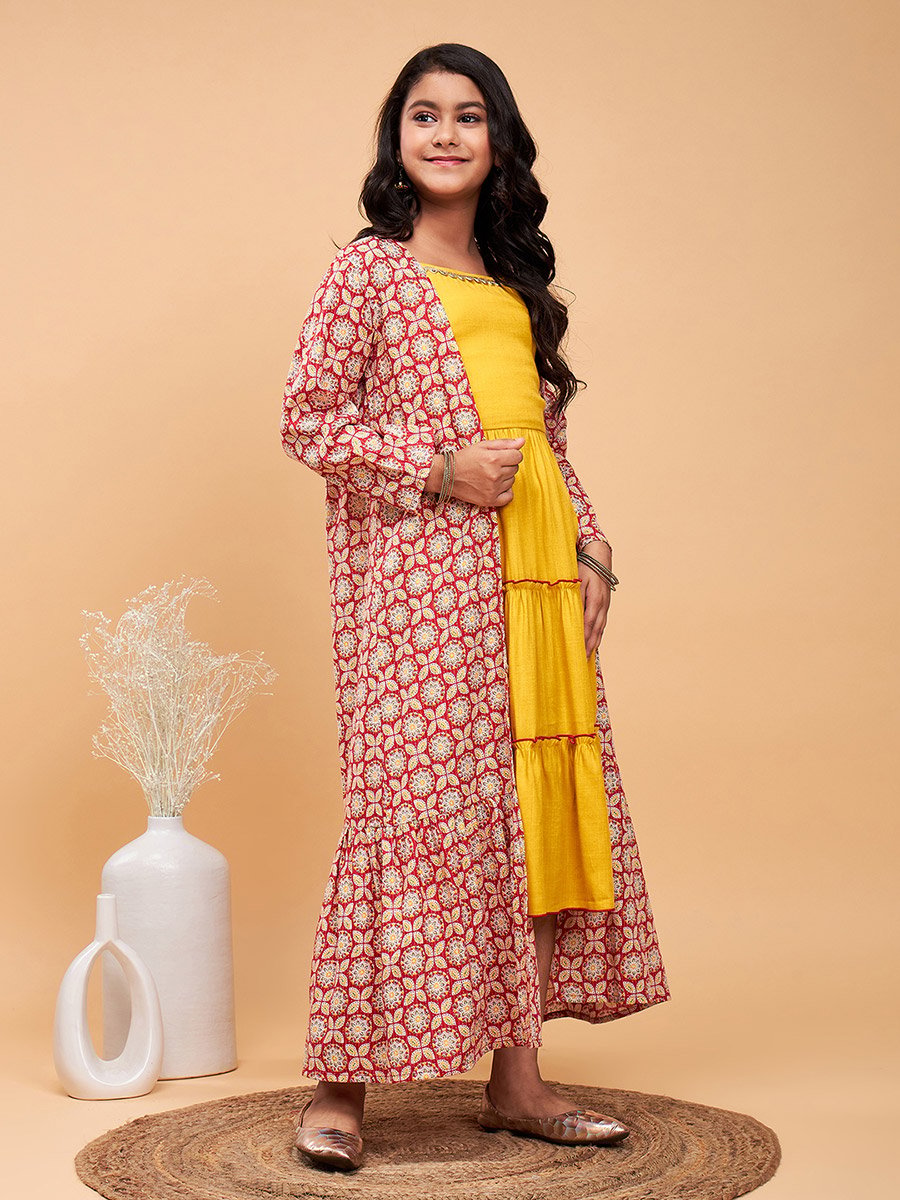Solid Tiered Midi Dress with Floral Printed Shrug
