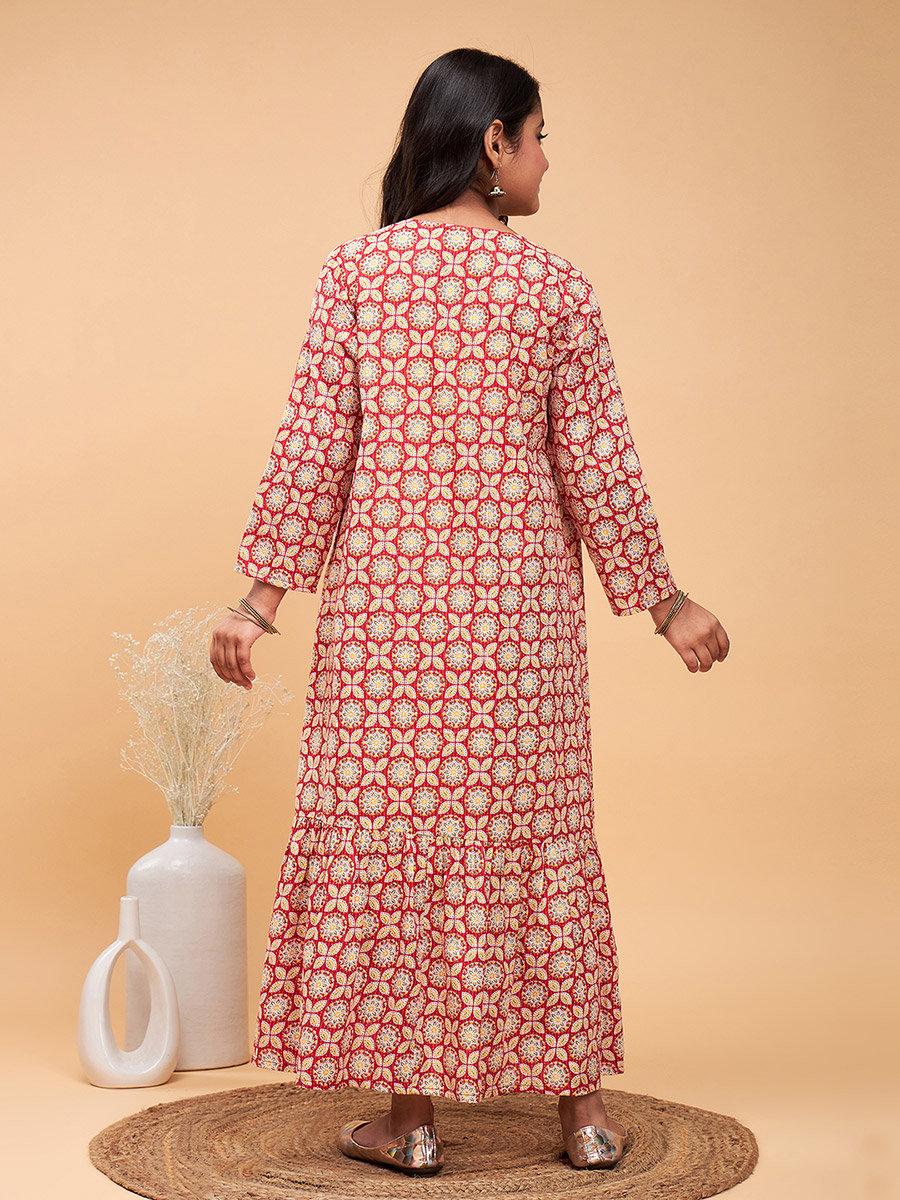 Solid Tiered Midi Dress with Floral Printed Shrug