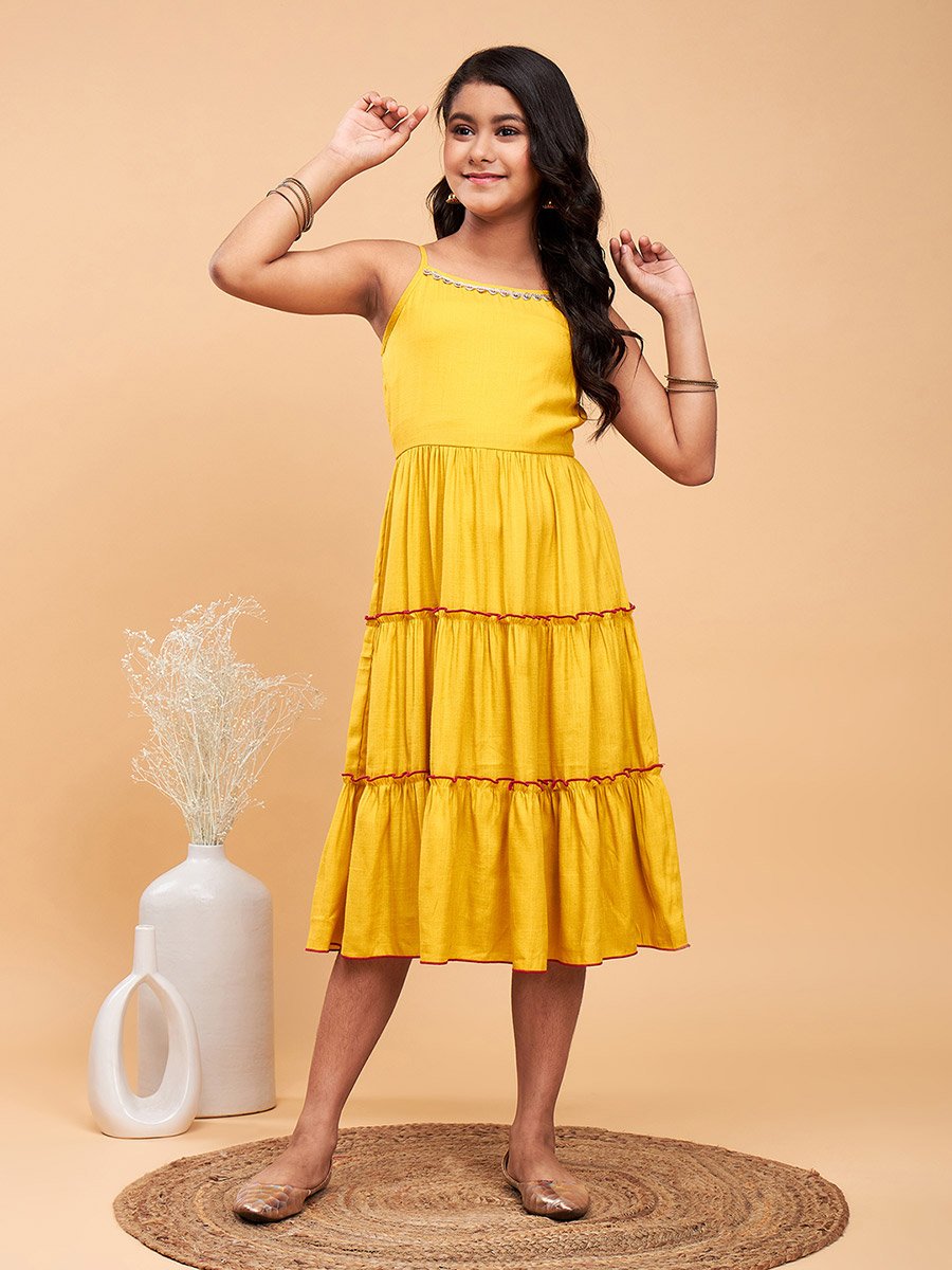 Solid Tiered Midi Dress with Floral Printed Shrug