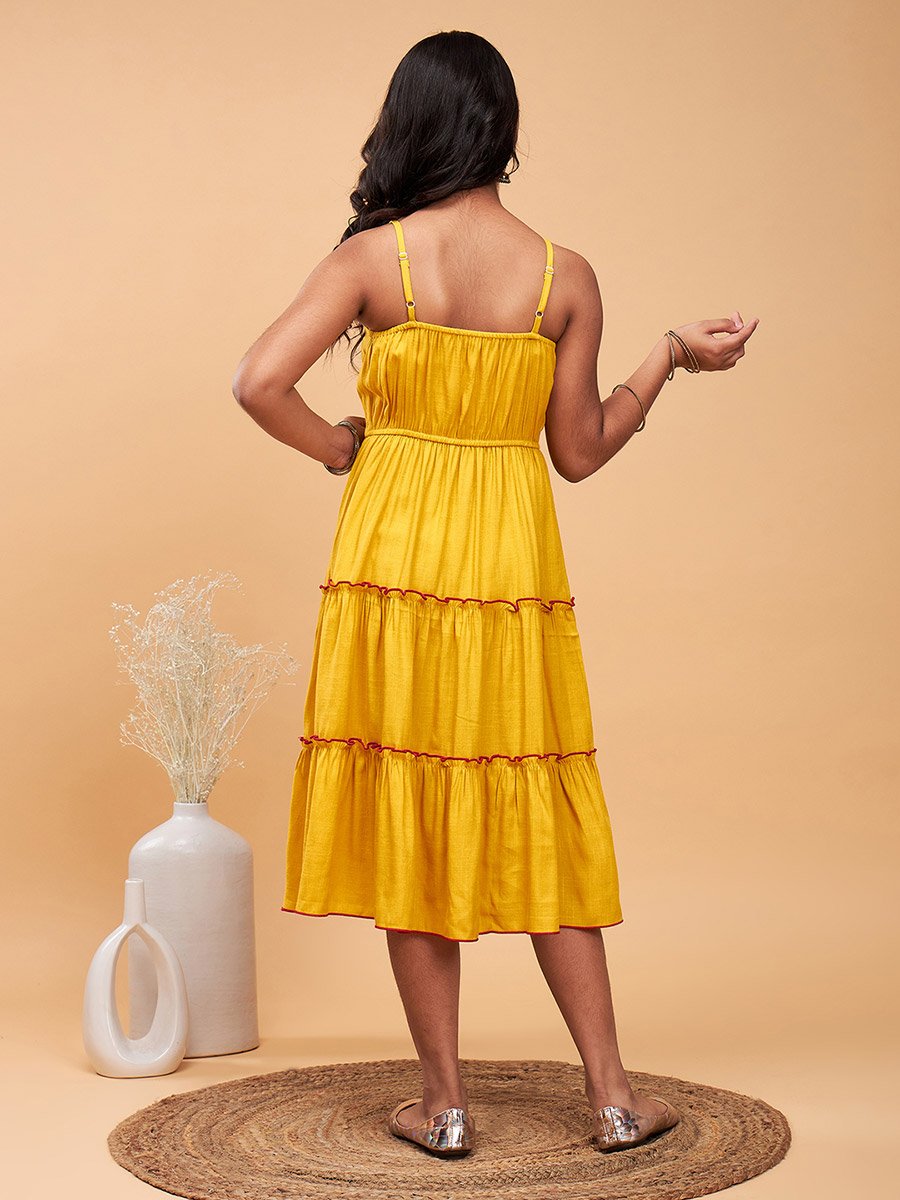Solid Tiered Midi Dress with Floral Printed Shrug