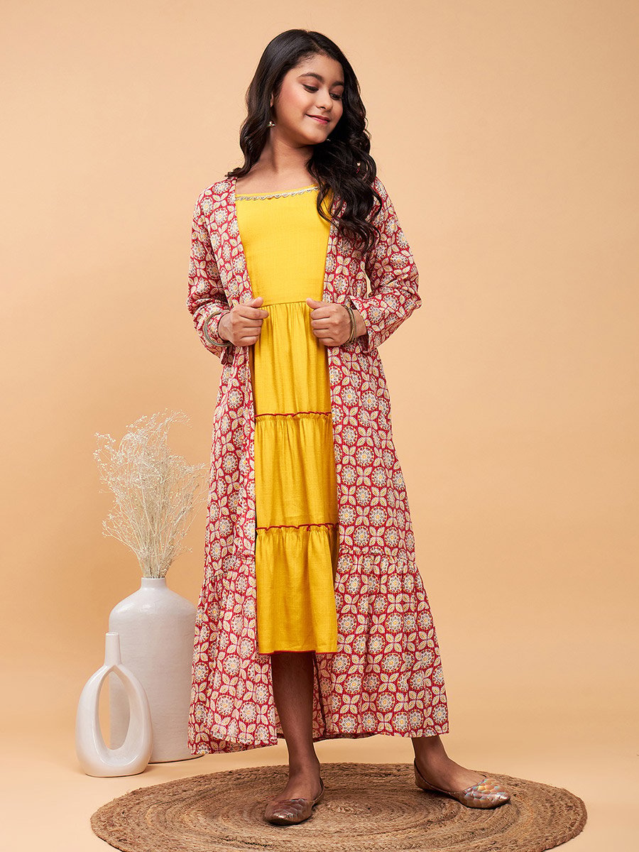 Solid Tiered Midi Dress with Floral Printed Shrug