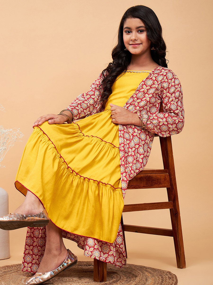 Solid Tiered Midi Dress with Floral Printed Shrug