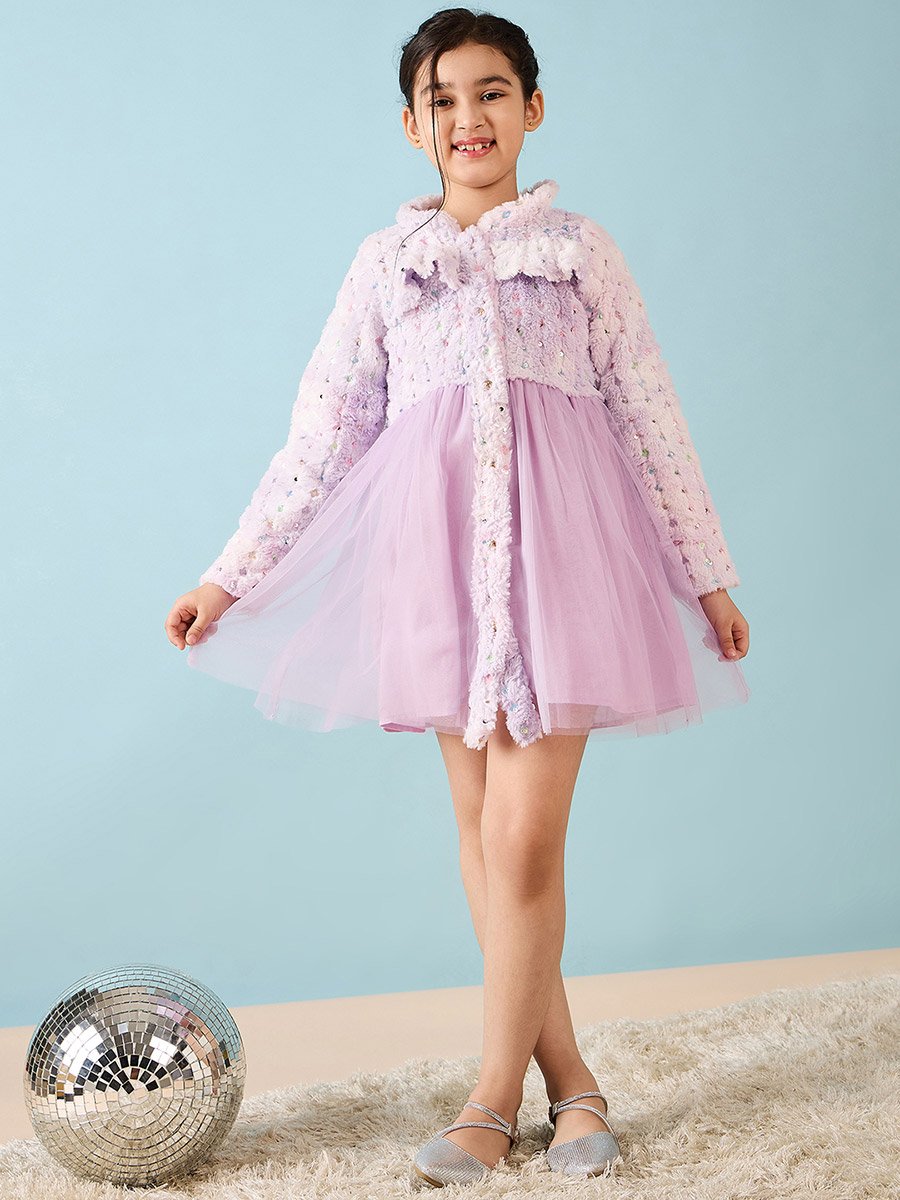 Embroidered Faux Fur Design A-Line Dress