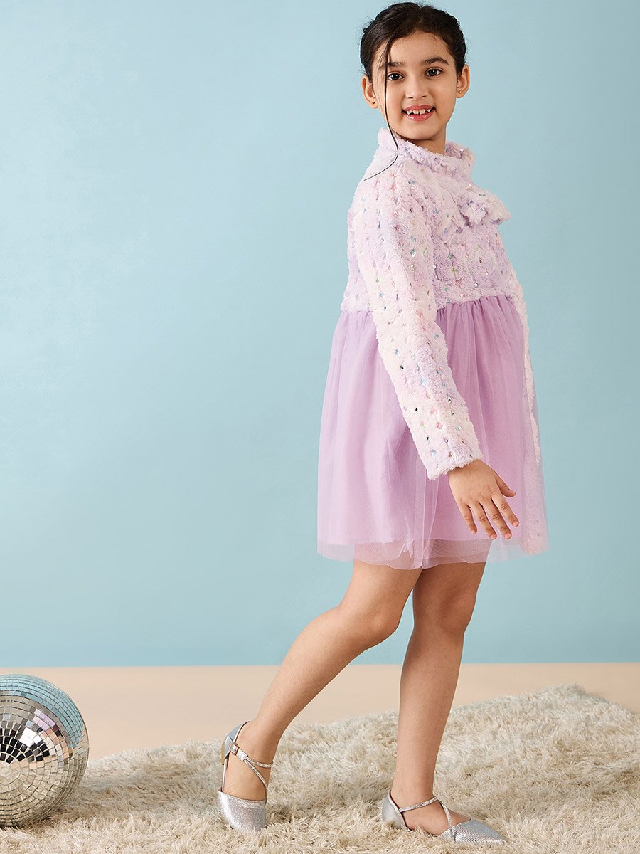 Embroidered Faux Fur Design A-Line Dress