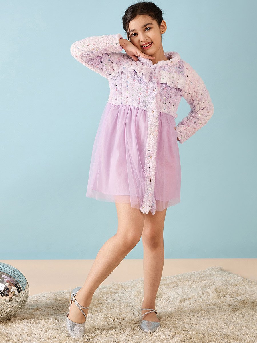 Embroidered Faux Fur Design A-Line Dress