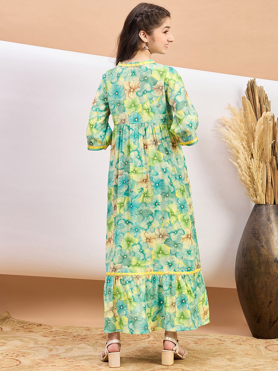 Floral Print Tie-Up Neck A-Line Maxi Dress