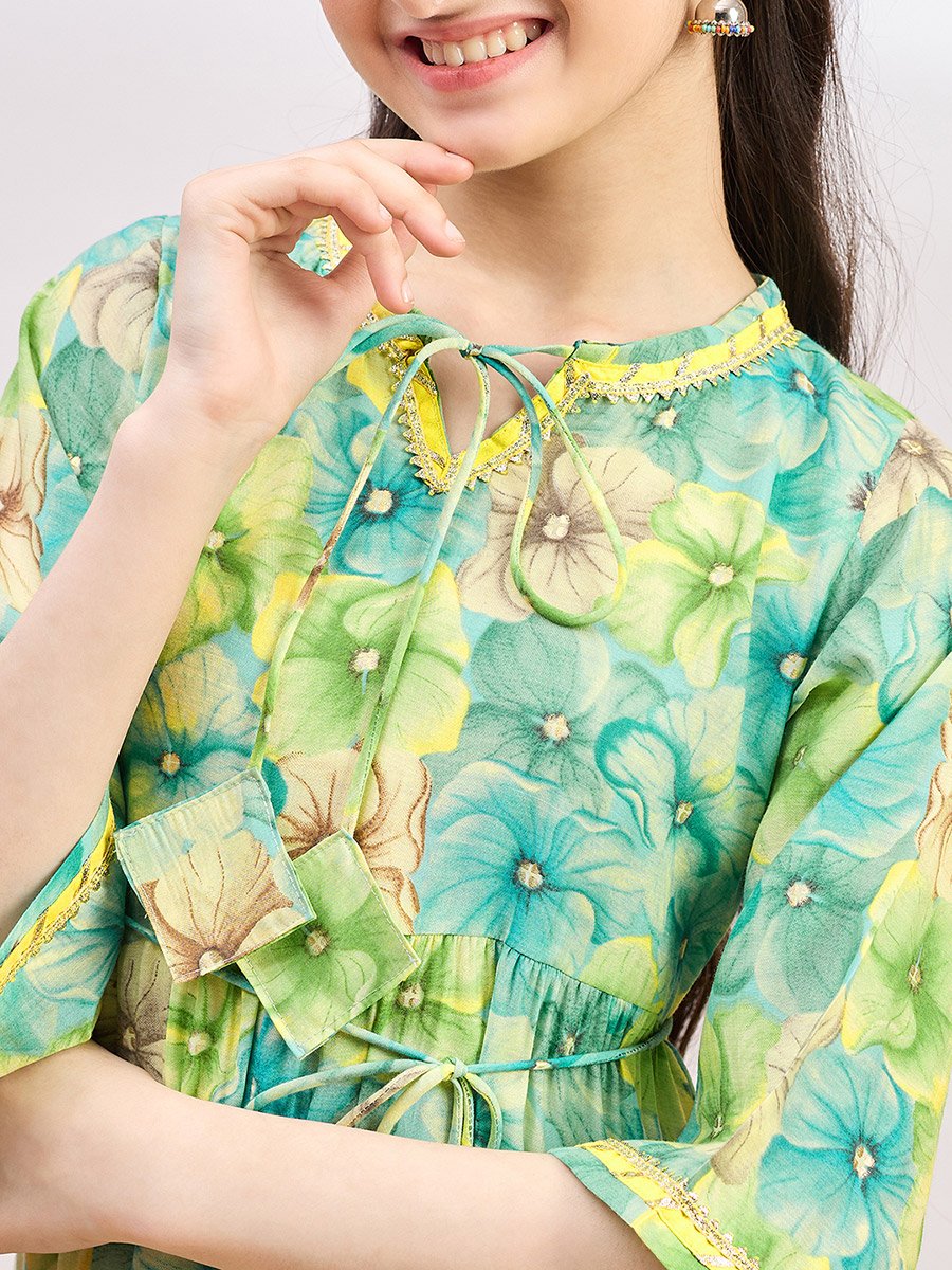 Floral Print Tie-Up Neck A-Line Maxi Dress