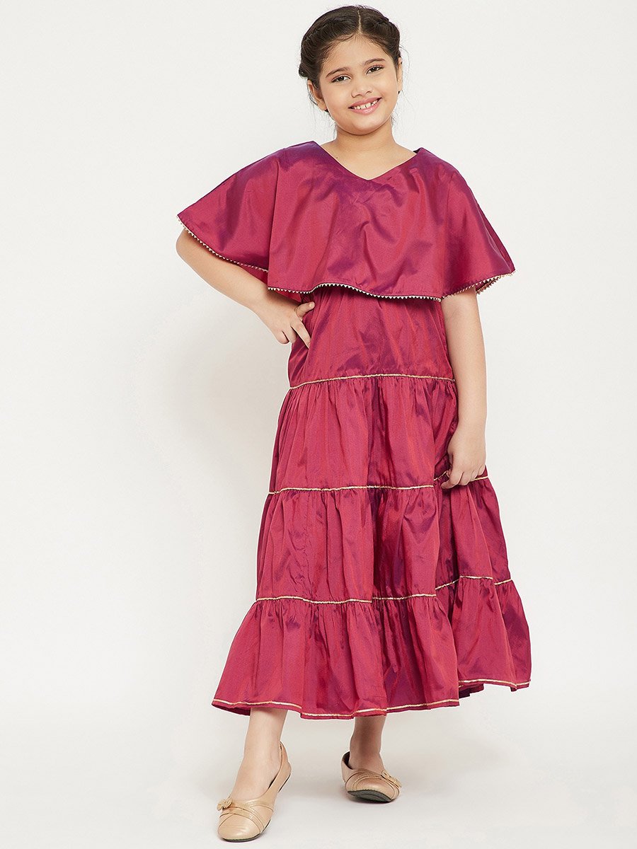Solid Cape Sleeves Tiered Maxi Dress