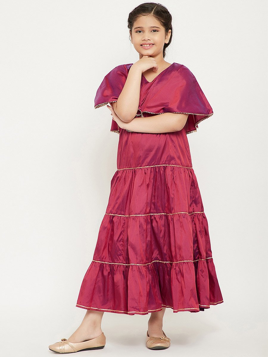 Solid Cape Sleeves Tiered Maxi Dress