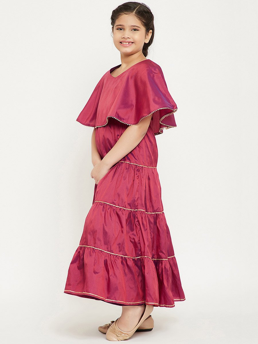 Solid Cape Sleeves Tiered Maxi Dress