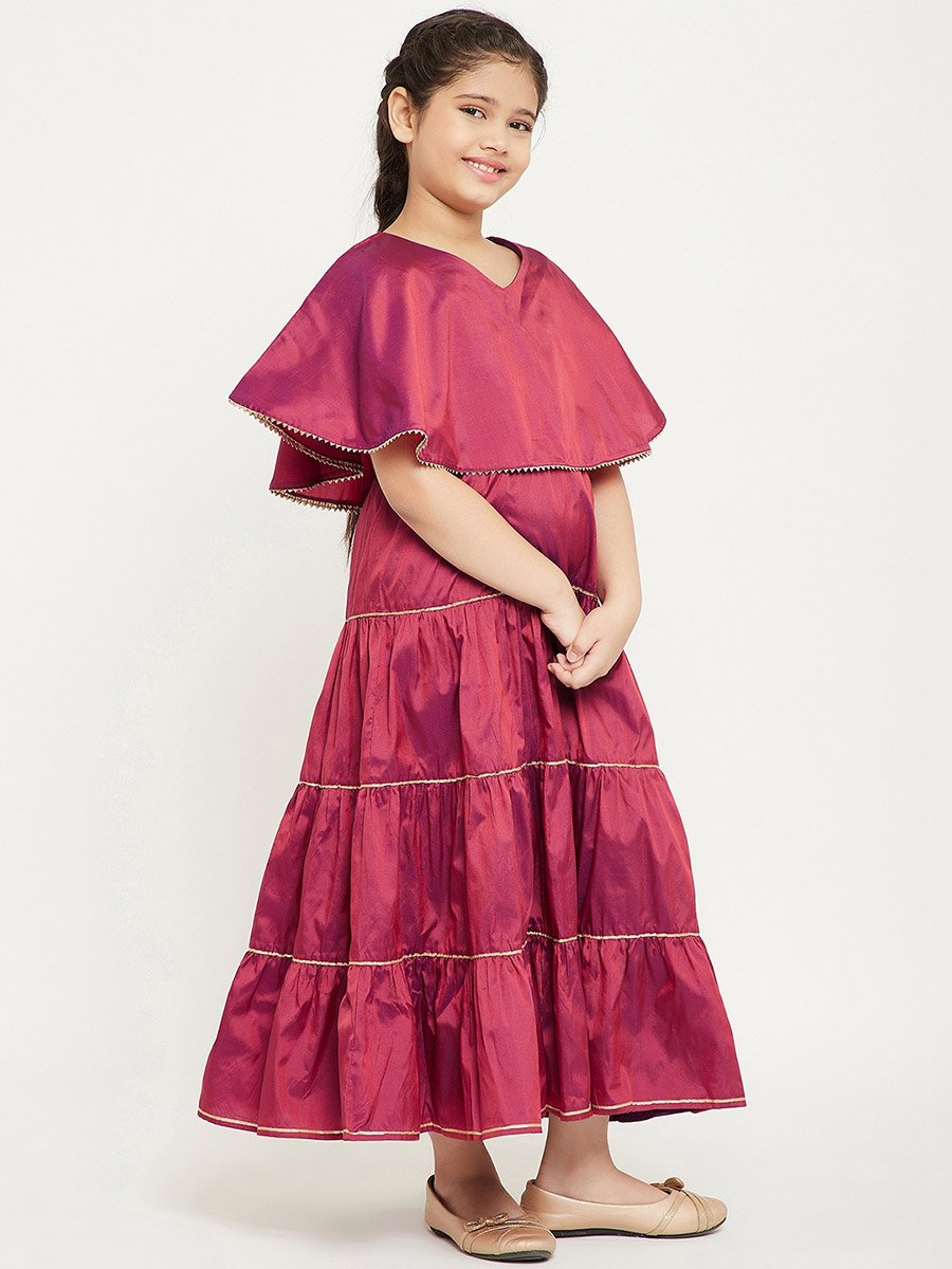 Solid Cape Sleeves Tiered Maxi Dress