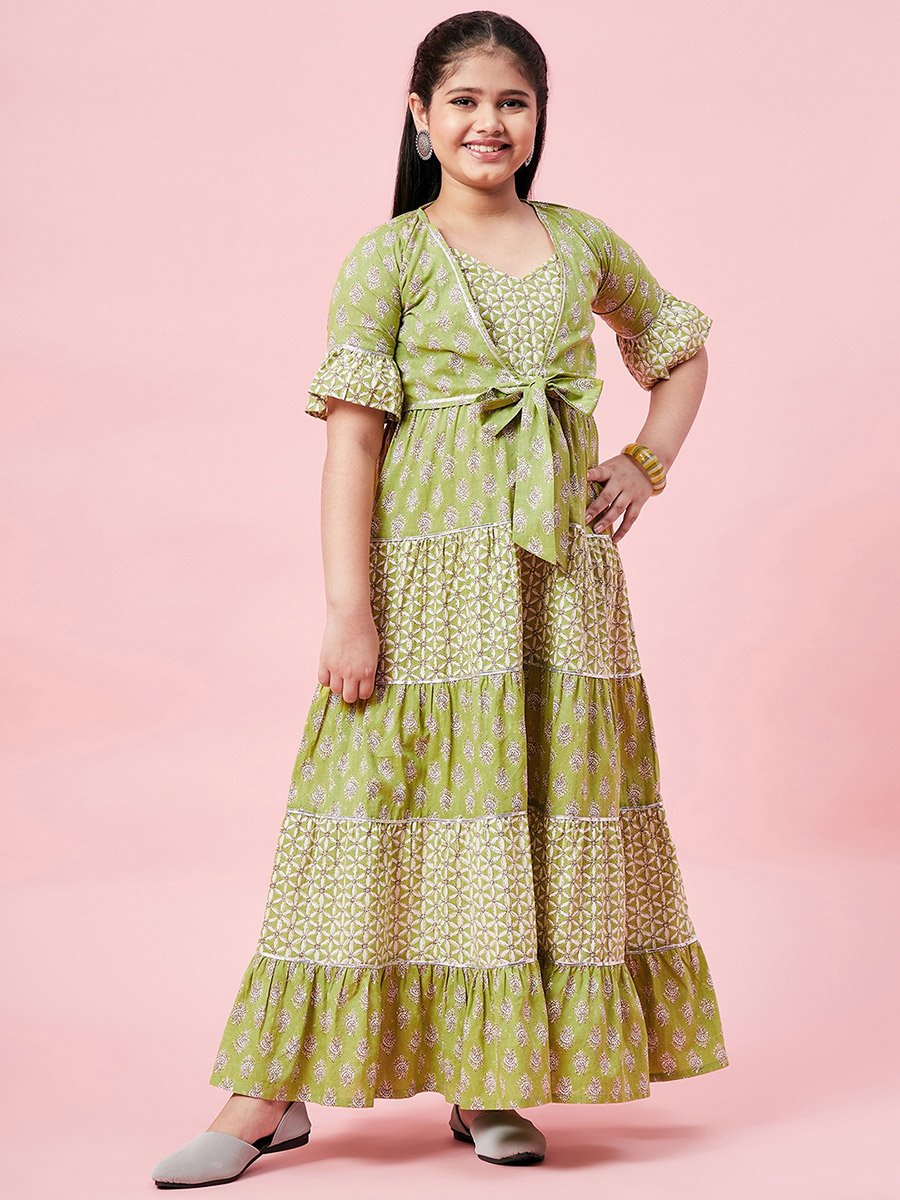 All Over Printed Tiered Dress with Tie-Up Detail