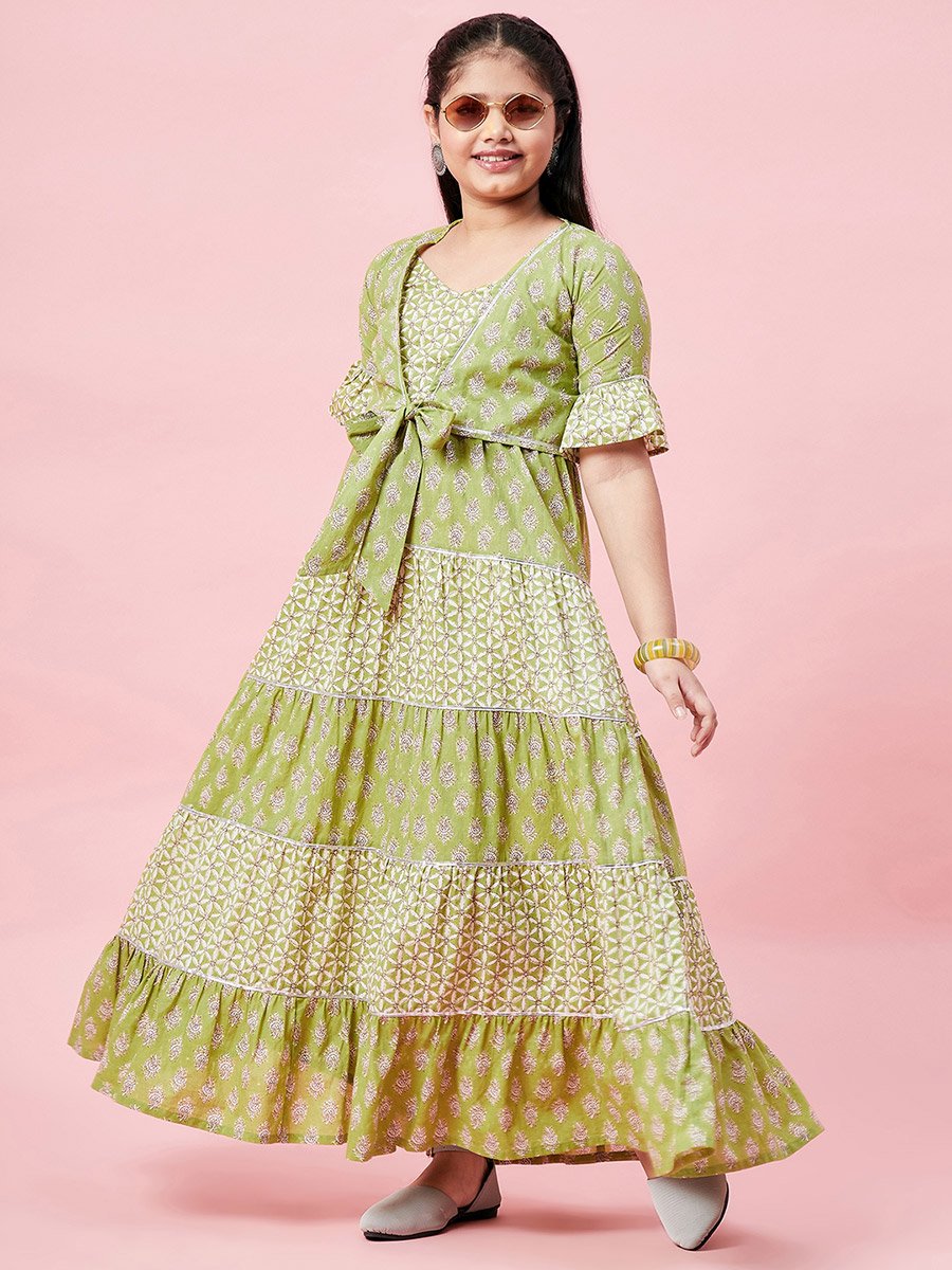 All Over Printed Tiered Dress with Tie-Up Detail