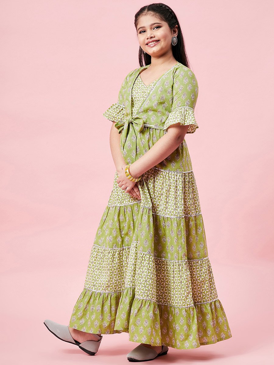All Over Printed Tiered Dress with Tie-Up Detail
