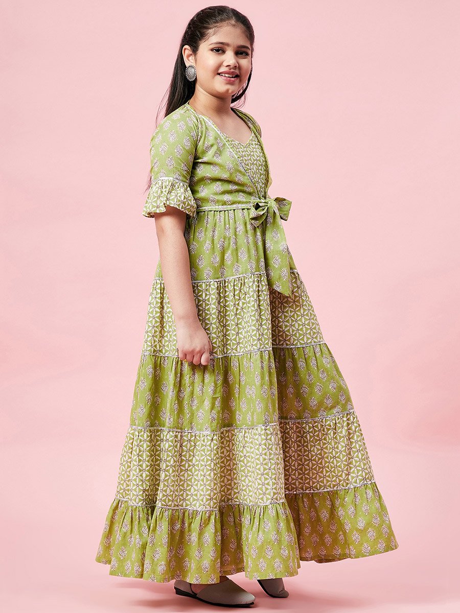 All Over Printed Tiered Dress with Tie-Up Detail