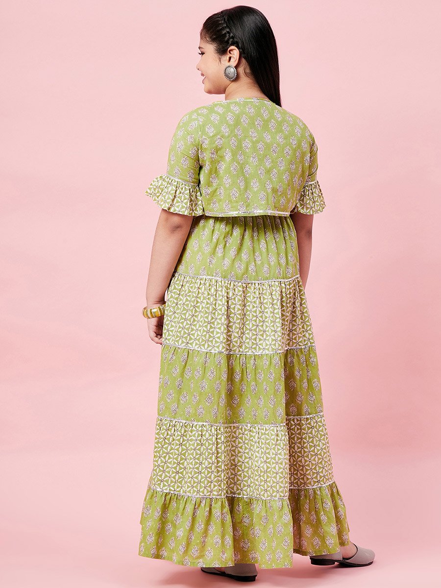 All Over Printed Tiered Dress with Tie-Up Detail