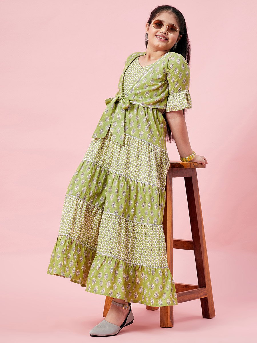 All Over Printed Tiered Dress with Tie-Up Detail